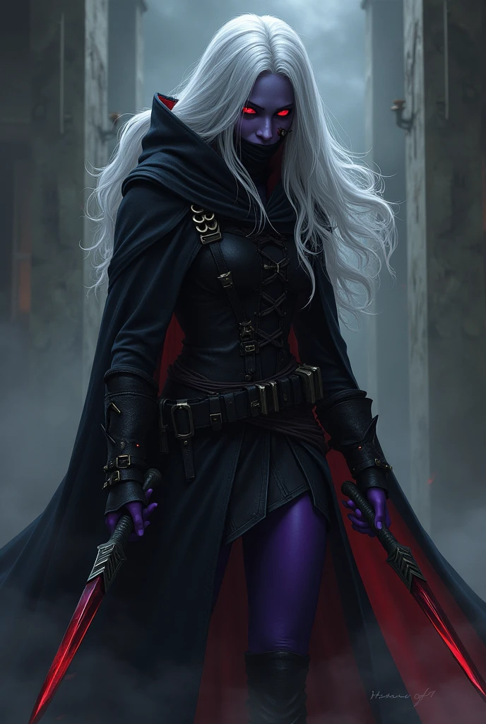 elfa drow,  purple skin, Eyes red, white  hair, assassin outfit with two daggers, scar on eye, hooded cloak, Ear Body Piercing, cloth covering mouth
