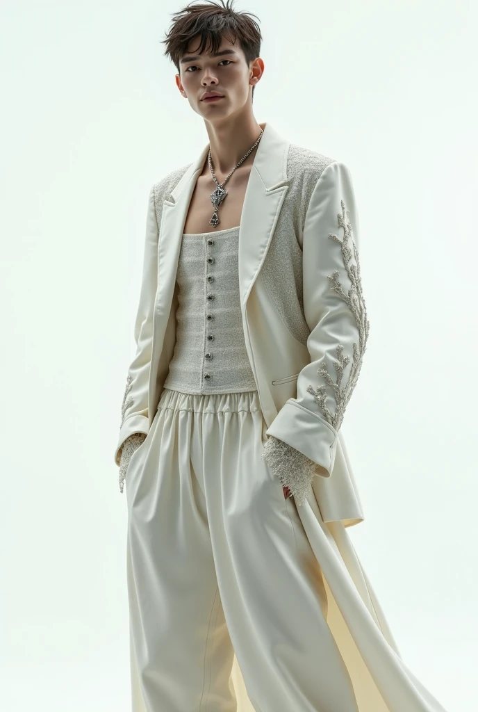 Whole body,white teen men suit wears square collar boy ballet jacket, silver jewelry, transparent fabrics with glitter,black with red color, medieval, silk fabric, corset,along with pants with a skirt behind,ancient, delicate, Royals, delicate, Simple, White background, vista Whole body, long baggy pants, details of crows, embroidery with crow shapes, tree branches