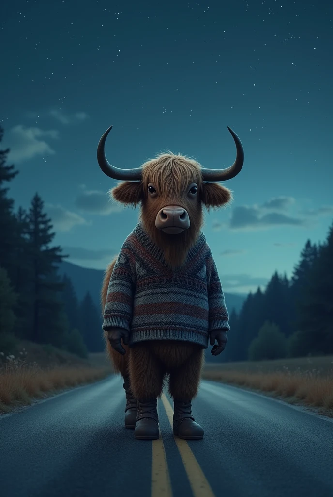 yak standing on the road wearing clothes at night photo