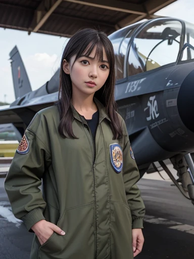 Japanese female, (underweight), (medium bust best quality:1.0), 30 years old,
fighter hangar, semi long, (Oil-stained maintenance clothes), inside, fighter jet