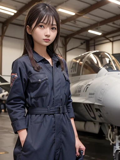 Japanese female, (underweight), (medium bust best quality:1.0), 30 years old,
fighter hangar, semi long, (Oil-stained maintenance clothes), inside, fighter jet