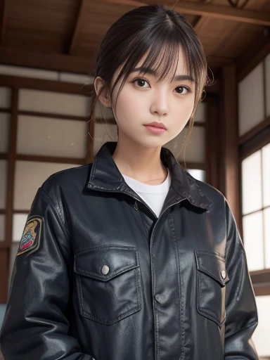 Japanese female, (underweight), (medium bust best quality:1.0), 30 years old,
fighter hangar, semi long, (Oil-stained maintenance clothes), inside, fighter jet