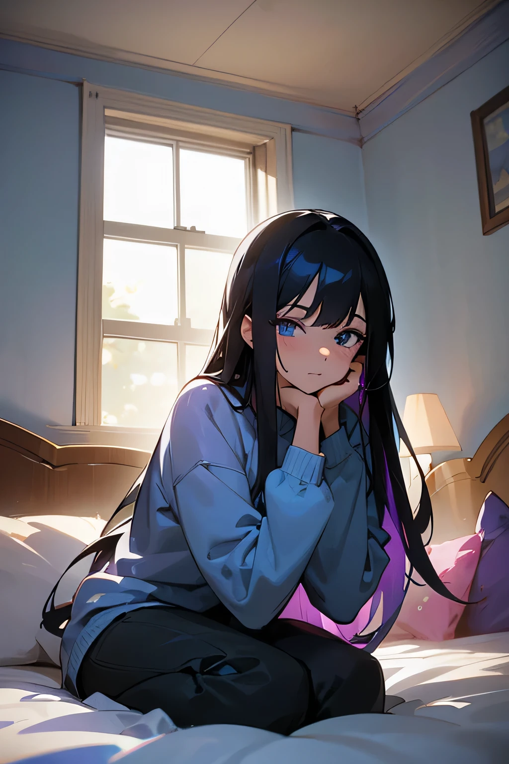 Woman, black hair, long hair, blue and violet highlights, blue eyes with highlights, squinting eyes, grey oversized sweatshirt, black short. Sitting on a bed, a bedroom in the background, looking at cell phone. Afternoon sun rays coming through the window. 