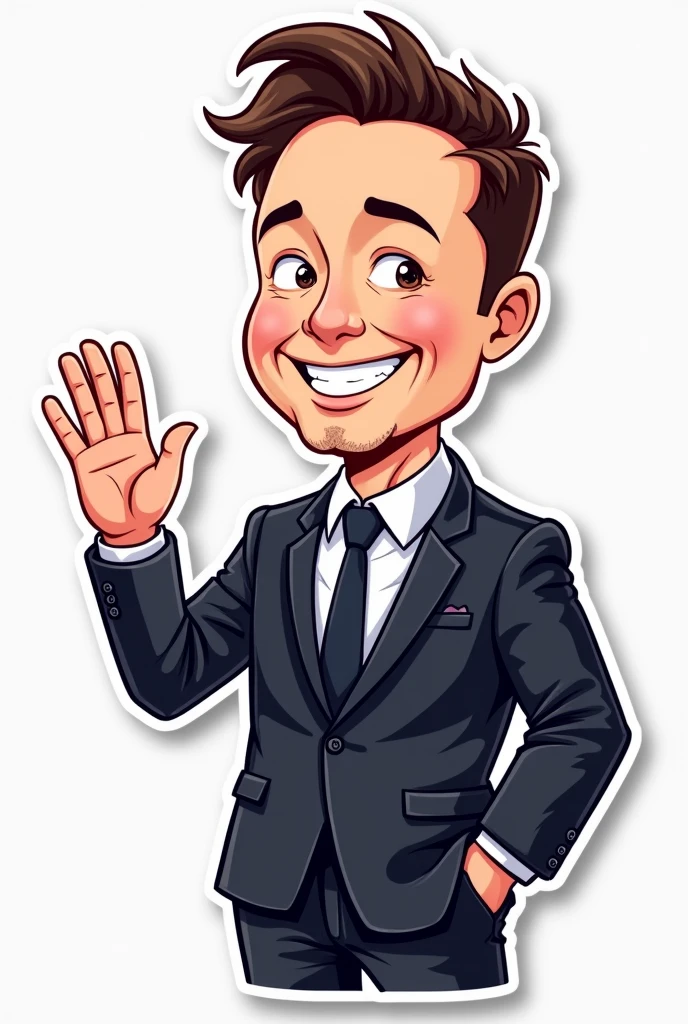 Vector image sticker art of Elon Musk in suit and tie waving cartoonistic realistic face