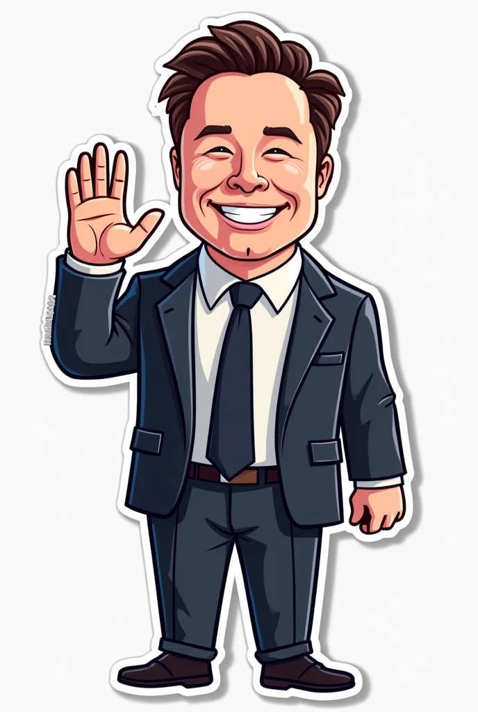 Vector image sticker art of Elon Musk in suit and tie waving cartoonistic realistic face 