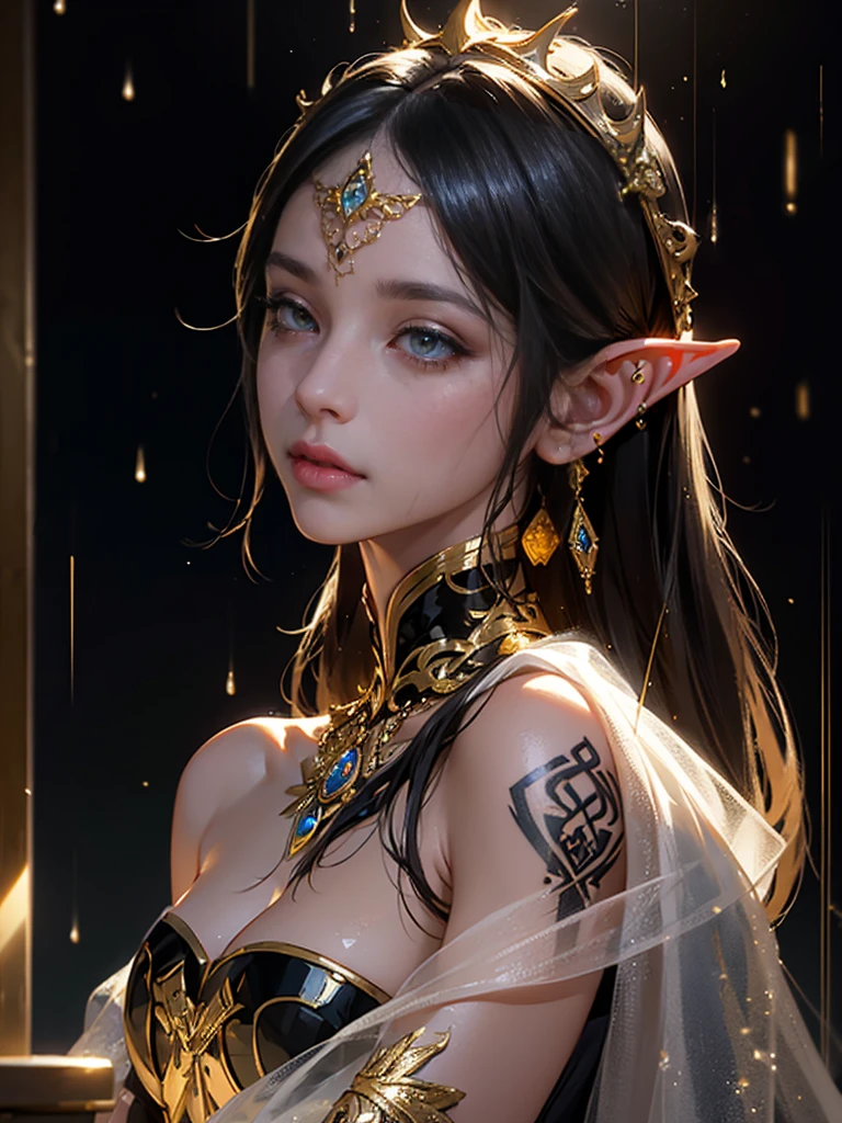 in the rain、Elven woman with long ears and gold earrings、Tattoo, In the style of vray tracing, Then Martin, Famous, Poured, close, Dark white and gold, Speed Painting, masterpiece, Highest quality,Large Breasts,Moist eyes,