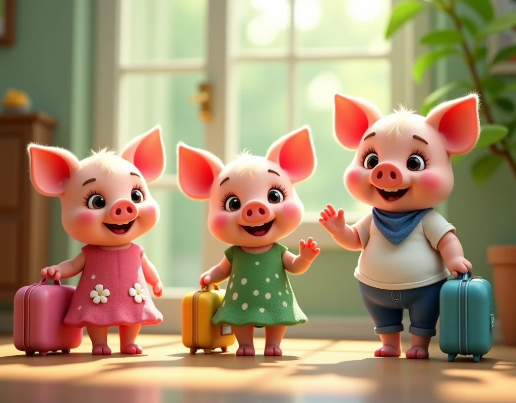 pixar style, 3d, 3 cute happy piglets of same height wearing dresses are leaving the home with suitcases waving goodbye, one piglet on the left is wearing pink dress with white flowers holding a pink suitcase, second piglet in the centre is wearing green dress with white polka dots is holding a green suitcase, one piglet on the right is wearing white t-shirt blue jeans and a blue bandana is holding a blue suitcase, game button art, Game illustration, lovely digital painting, artstation for kids art, Official artwork, key art, mobile game art, cover game art, zootopia concept art, (soft lighting:1.3), (green and earthy color scheme:1.3), (highly detailed), (ultra quality:1.3), (masterpiece), (digital art), 8K resolution, HDR, depth of field, (soft shadows), (photorealistic:1.3), (animation:1.2), (by Greg Rutkowski:0.9), (in the style of Alphonse Mucha), trending on ArtStation, award-winning art, 3d style