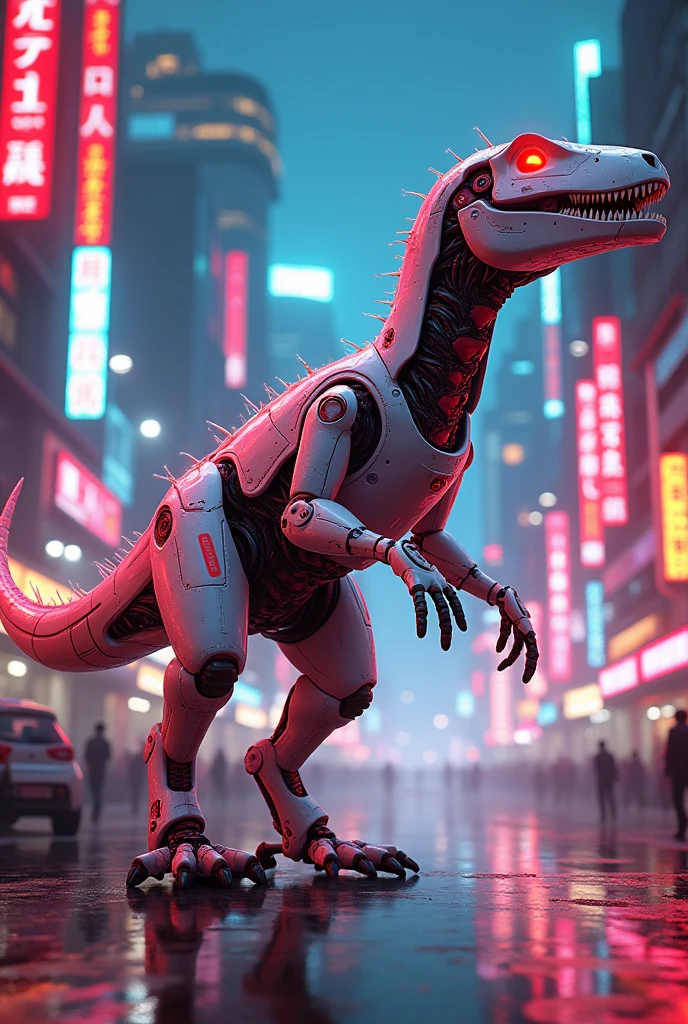 A dinasor is white and red color in robot in neon light in India city


