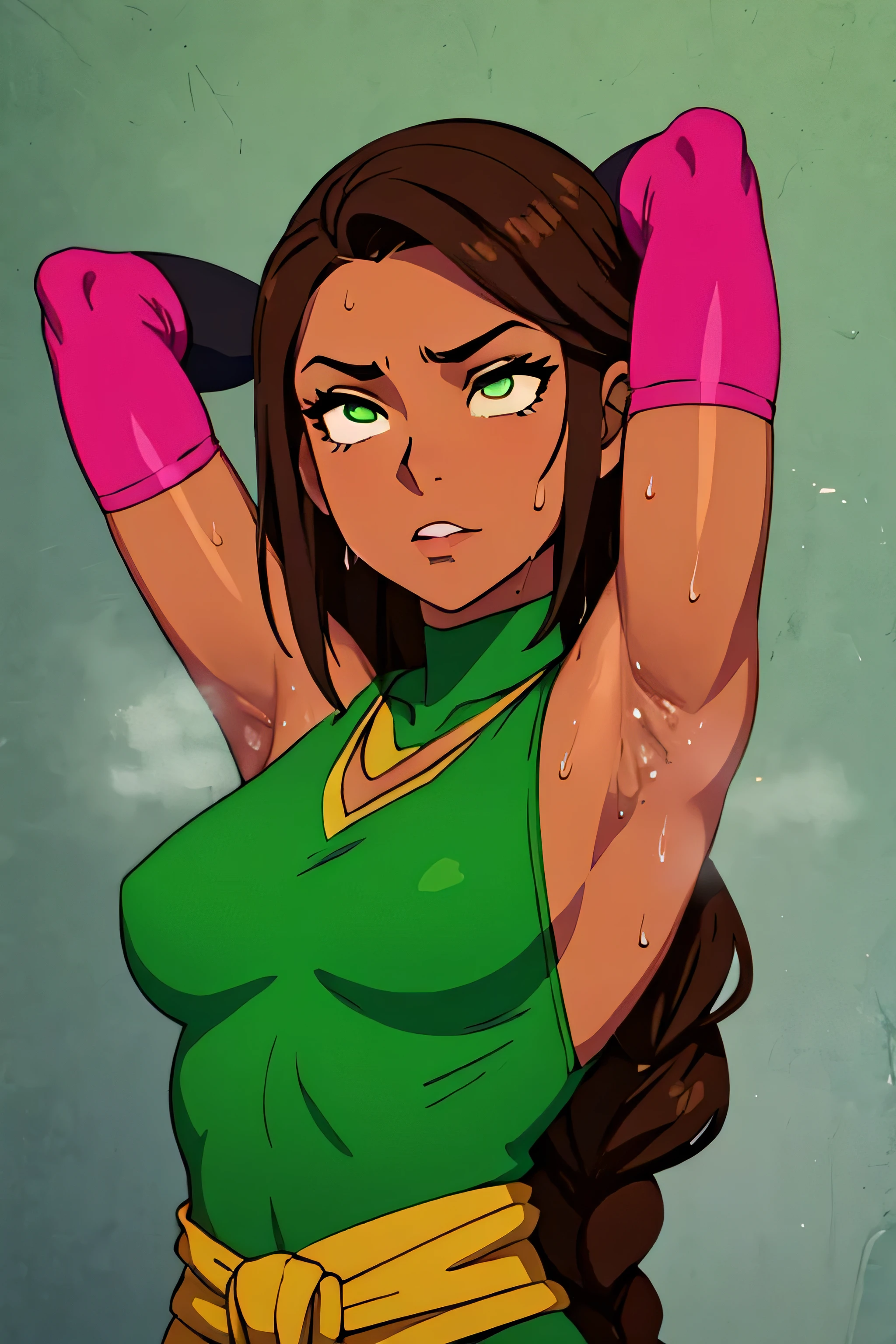 Earthbender human woman with tanned skin. She is a 1 with green eyes and green clothing. Her hair is long and brown in color; it is fastened in a large braid. Just one braid. She is beautiful and her skin is wheatish in color. Her skin is slightly dark. Earthbender. Tsundere face. Pink eye shading,mature ance,armpits,sweat,sweaty,sweaty armpits,arms up,showing armpits,awesome armpits,outfit,blackish red arm warmers,maroon arm bands,matoon arm warmers