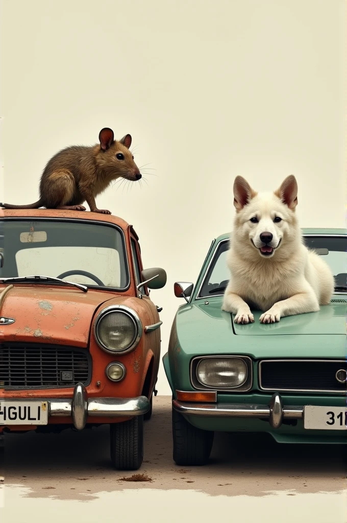 Generate me a picture in which on the left side there was a dirty mouse, which looks poor on a Zhiguli car. And on the right side draw a white dog in a Lamborghini car and it looked stylish.