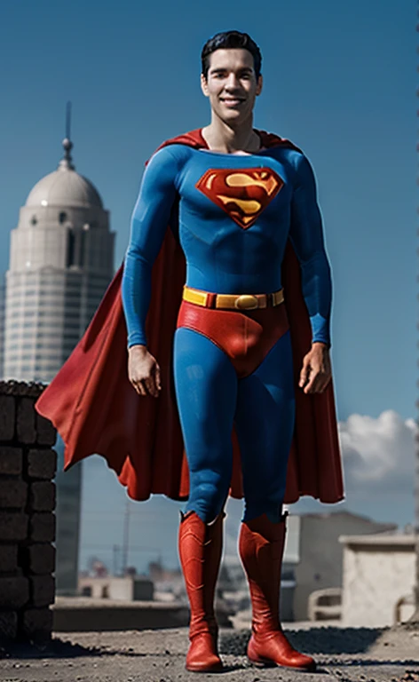 (Best Quality:1.3), Filming movies, masterpiece, (sharp focus:1.5), (natural:1.3), Full body portrait (cantinflas on top of a building, smile, proud and fierce, Wearing the Superman suit, the cape fluttering in the wind., Give the scene a bright atmosphere), day, (highly refined leather), (detailed face), detailed background, daylight, volumetric lighting, intricate details, ultra high definition,