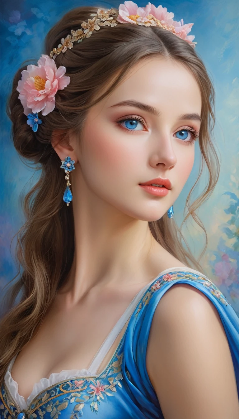 (High resolution,masterpiece:1.2),(Realistic:1.37)"(Highest quality, High resolution, Very detailed, Realistic),Portrait of a beautiful Ukrainian ballerina from the 19th century, (She is half Ukrainian and half Japanese.., She is a beautiful woman with deep blue eyes and a high nose..:1.1), Beautiful ballet costumes, Detailed facial features, Long and graceful neck, Flowing locks of hair, Calm and graceful posture, Soft and delicate lighting, Classical Oil Painting Medium, Vibrant colors, Delicate background with floral motifs", Dreamy atmosphere, Surrealism,Mysterious Aura