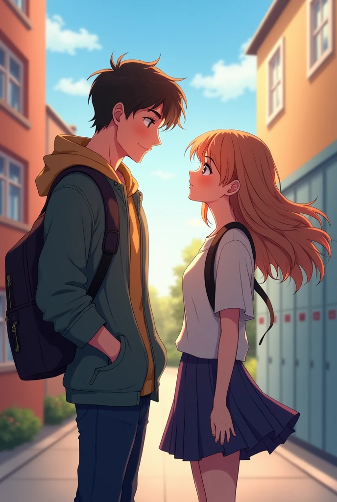 beautiful shy girl look her handsome boyfriend anime style high quality and add background high school couple adolescence