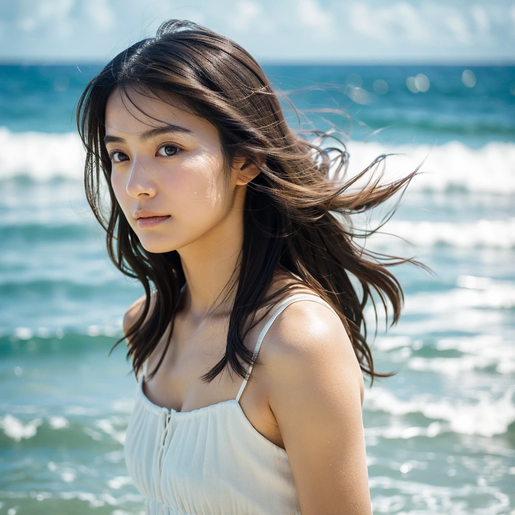 A hyper-realistic image of a single Japanese woman in her early 20s, captured with the nostalgic warmth and subtle graininess of a film camera, with the focus on her upper body from the shoulders up against a serene seaside backdrop. Her skin has a warm beige tone with a natural, slightly rough texture that includes visible pores, fine lines, and subtle imperfections such as small blemishes, adding to the authenticity of her appearance. The soft, diffused natural light reflects off the ocean waves, casting gentle, warm shadows across her face and shoulders, enhancing the film-like quality and creating a timeless, organic feel. Her straight, glossy black hair is slightly tousled by the ocean breeze, naturally framing her face, and her deep brown eyes reflect the soft light of the seaside, adding depth and emotion. The background subtly captures the peaceful ocean scenery with a glimpse of rolling waves and a faint horizon, blurred to maintain focus on her expression. The film camera effect introduces a slight grain and a softer focus, giving the image a warm, nostalgic atmosphere while maintaining the realistic texture of her skin. She is wearing a light, airy top that complements her natural beauty and the beach setting, with the overall composition designed to evoke a sense of genuine, understated elegance and connection with nature.