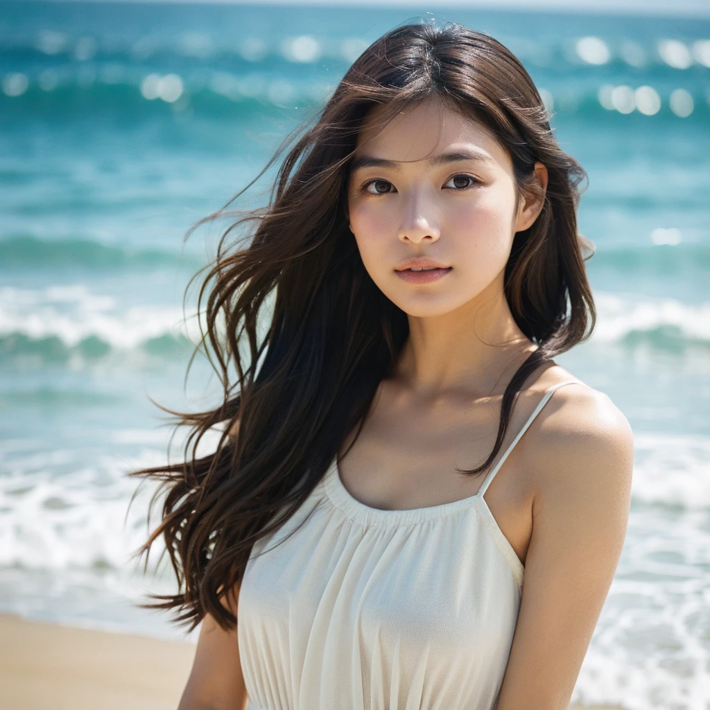 A hyper-realistic image of a single Japanese woman in her early 20s, captured with the nostalgic warmth and subtle graininess of a film camera, with the focus on her upper body from the shoulders up against a serene seaside backdrop. Her skin has a warm beige tone with a natural, slightly rough texture that includes visible pores, fine lines, and subtle imperfections such as small blemishes, adding to the authenticity of her appearance. The soft, diffused natural light reflects off the ocean waves, casting gentle, warm shadows across her face and shoulders, enhancing the film-like quality and creating a timeless, organic feel. Her straight, glossy black hair is slightly tousled by the ocean breeze, naturally framing her face, and her deep brown eyes reflect the soft light of the seaside, adding depth and emotion. The background subtly captures the peaceful ocean scenery with a glimpse of rolling waves and a faint horizon, blurred to maintain focus on her expression. The film camera effect introduces a slight grain and a softer focus, giving the image a warm, nostalgic atmosphere while maintaining the realistic texture of her skin. She is wearing a light, airy top that complements her natural beauty and the beach setting, with the overall composition designed to evoke a sense of genuine, understated elegance and connection with nature.