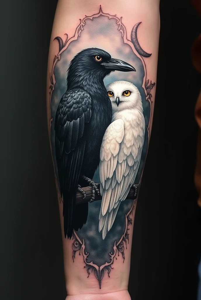 Create a tattoo image on your forearm featuring a crow and a white owl 