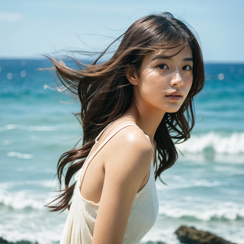 A hyper-realistic image of a single Japanese woman in her early 20s, captured with the nostalgic warmth and subtle graininess of a film camera, with the focus on her upper body from the shoulders up against a serene seaside backdrop. Her skin has a warm beige tone with a natural, slightly rough texture that includes visible pores, fine lines, and subtle imperfections such as small blemishes, adding to the authenticity of her appearance. The soft, diffused natural light reflects off the ocean waves, casting gentle, warm shadows across her face and shoulders, enhancing the film-like quality and creating a timeless, organic feel. Her straight, glossy black hair is slightly tousled by the ocean breeze, naturally framing her face, and her deep brown eyes reflect the soft light of the seaside, adding depth and emotion. The background subtly captures the peaceful ocean scenery with a glimpse of rolling waves and a faint horizon, blurred to maintain focus on her expression. The film camera effect introduces a slight grain and a softer focus, giving the image a warm, nostalgic atmosphere while maintaining the realistic texture of her skin. She is wearing a light, airy top that complements her natural beauty and the beach setting, with the overall composition designed to evoke a sense of genuine, understated elegance and connection with nature.