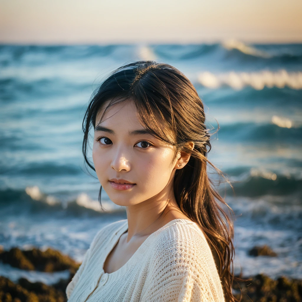A hyper-realistic image of a single Japanese woman in her early 20s, captured with the nostalgic warmth and subtle graininess of a film camera, with the focus on her upper body from the shoulders up against a serene seaside backdrop. Her skin has a warm beige tone with a natural, slightly rough texture that includes visible pores, fine lines, and subtle imperfections such as small blemishes, adding to the authenticity of her appearance. The soft, diffused natural light reflects off the ocean waves, casting gentle, warm shadows across her face and shoulders, enhancing the film-like quality and creating a timeless, organic feel. Her straight, glossy black hair is slightly tousled by the ocean breeze, naturally framing her face, and her deep brown eyes reflect the soft light of the seaside, adding depth and emotion. The background subtly captures the peaceful ocean scenery with a glimpse of rolling waves and a faint horizon, blurred to maintain focus on her expression. The film camera effect introduces a slight grain and a softer focus, giving the image a warm, nostalgic atmosphere while maintaining the realistic texture of her skin. She is wearing a light, airy top that complements her natural beauty and the beach setting, with the overall composition designed to evoke a sense of genuine, understated elegance and connection with nature.