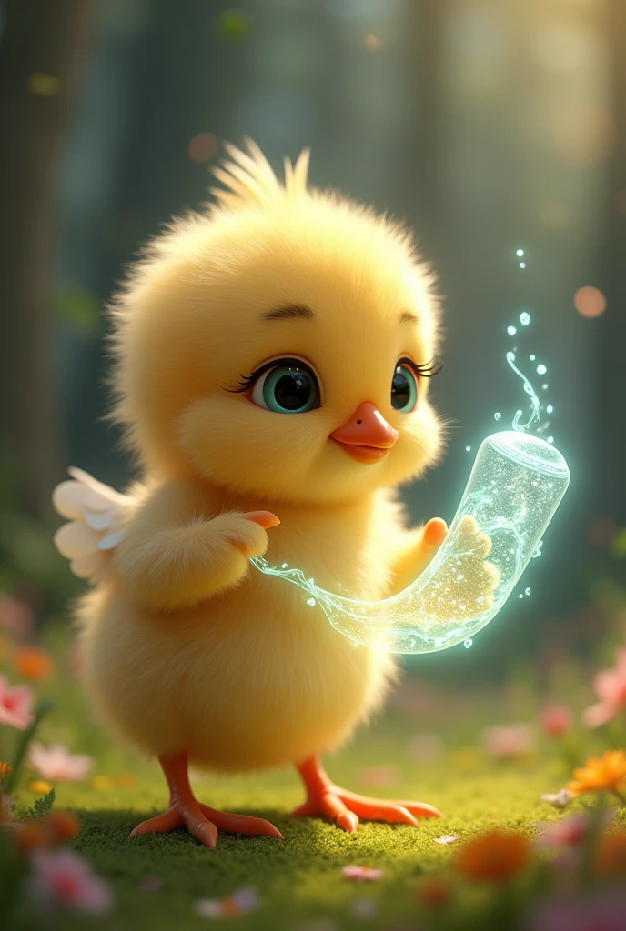 Chick holding an animated tube