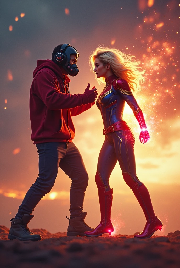 Kid Star-lord with red hoodie, headphones, star-lord helmet, gas helmet, covered mouth, round red eyes, Red eyes, magic rings in the hands and rocket boots, Vs, Capitana marvel (Big tits), Fighting, power, fiction, full body, 2 persons, magic lasso, hight, fall, fire in boots, poweful spells, realistic, helmet, mask, punch, gun, flying in the sky, love, passion, kissing, Romance