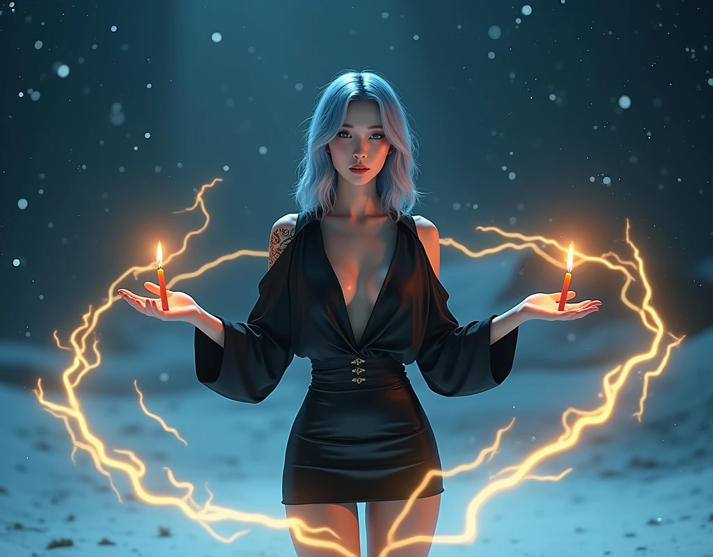 Virtual image, Virtual Magic, Chinese woman, undercover, 1 woman, beautiful, charming, sexy, Medium bust, Blue-bronze hair, medium length hair, light blue eyes, Light red lips, tattoo, black open shoulder shirt, sexy, skirt, tights, high-heels, full body, Suitable background, Real picture, Pose naturally, Candle floating in the air, Yellow lightning swirls around., Very realistic., Snow at night with twinkling stars in the sky