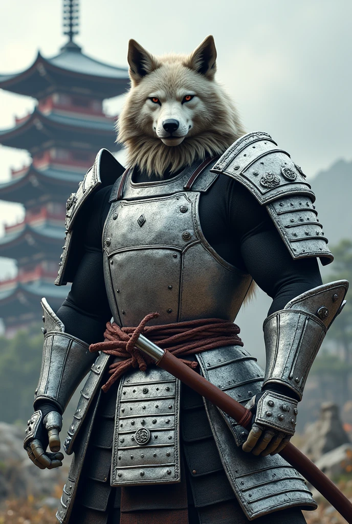 A muscular anthropomorphic wolf wearing silver samurai armor、The five-story pagoda in the background、Standing facing forward、