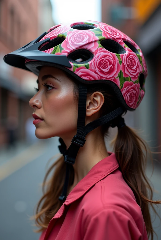 Women&#39;s helmet with pink graffiti-style roses


