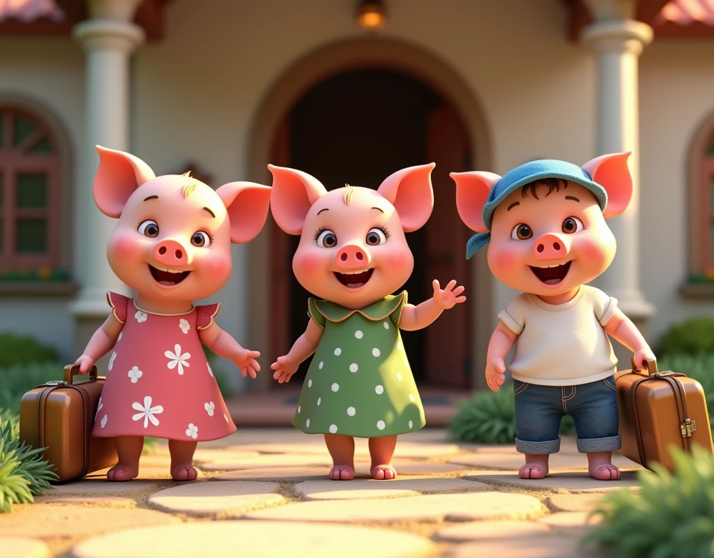pixar style, 3d, 3 cute happy piglets of same height wearing dresses are leaving the home with suitcases waving goodbye, one piglet on the left is wearing pink dress with white flowers holding a pink suitcase, second piglet in the centre is wearing green dress with white polka dots is holding a green suitcase, one piglet on the right is wearing white t-shirt blue jeans and a blue bandana is holding a blue suitcase, game button art, Game illustration, lovely digital painting, artstation for kids art, Official artwork, key art, mobile game art, cover game art, zootopia concept art, (soft lighting:1.3), (green and earthy color scheme:1.3), (highly detailed), (ultra quality:1.3), (masterpiece), (digital art), 8K resolution, HDR, depth of field, (soft shadows), (photorealistic:1.3), (animation:1.2), (by Greg Rutkowski:0.9), (in the style of Alphonse Mucha), trending on ArtStation, award-winning art, 3d style