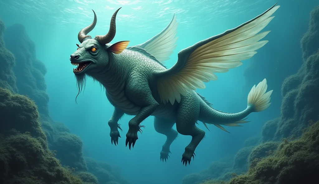 There is a fish underwater with a bull&#39;s head and a snake&#39;s tail，Wings growing from the ribs（best quality，4K，8k，High level，masterpiece：1.2），Ultra Detailed，（lifelike，Photo real，Photo real：1.37）