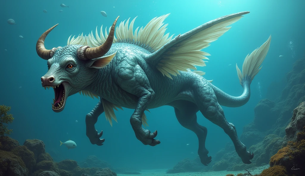 There is a fish underwater with a bull's head and a snake's tail,Wings growing from the ribs(best quality,4K,8k,High level,masterpiece:1.2),Ultra Detailed,(lifelike,Photo real,Photo real:1.37)