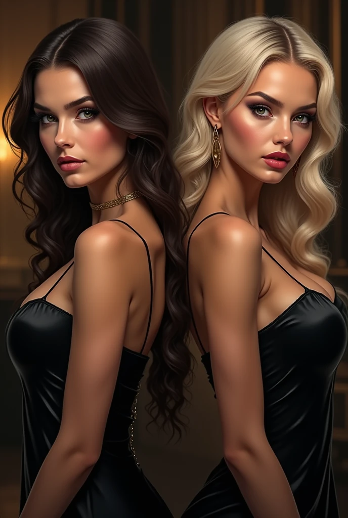 Sexy brunette woman and elegant beautiful blinde standing back to back