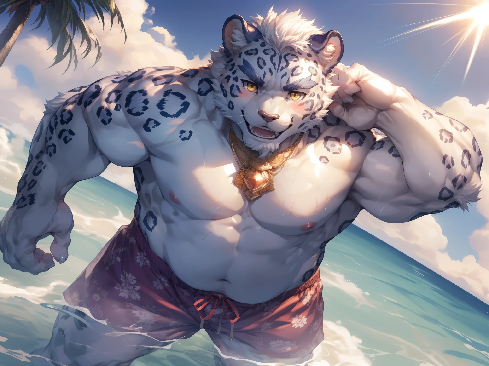 (By Empty Ghost, From thebigslick, By Dark Gem, Will chase), Keyuan Building (Onmyoji Daisenji Temple), High quality photos, Perfect anatomical structure, Anthropomorphic snow leopard, male, 30 years old, (snow leopard print), Thick eyebrows, short hair, White Teeth, Strong body, White pectoralis major, Gray purple stripes, Chubby figure, White swimming trunks, Small bump, Pink milk clusters, Standing on the beach, Looking up, Relax with your hands behind your head, Charming smile, blush, Golden pupils, Look up at the sky, Clear facial features, (Dynamic poses:1.5), Strong, solitary, (Top view:1.5), noon, sunny, Coconut Tree, Water waves, (By Empty Ghost, From snow leopard30, masterpiece, high quality, high resolution, 8k)