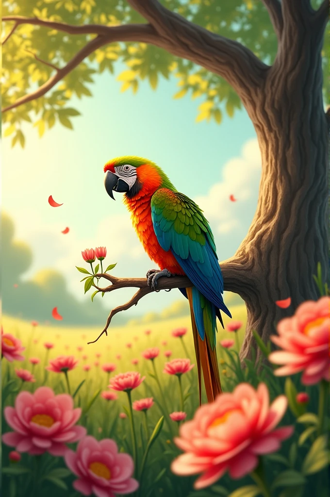 A parrot sit in the tree branch and around the flowers field 