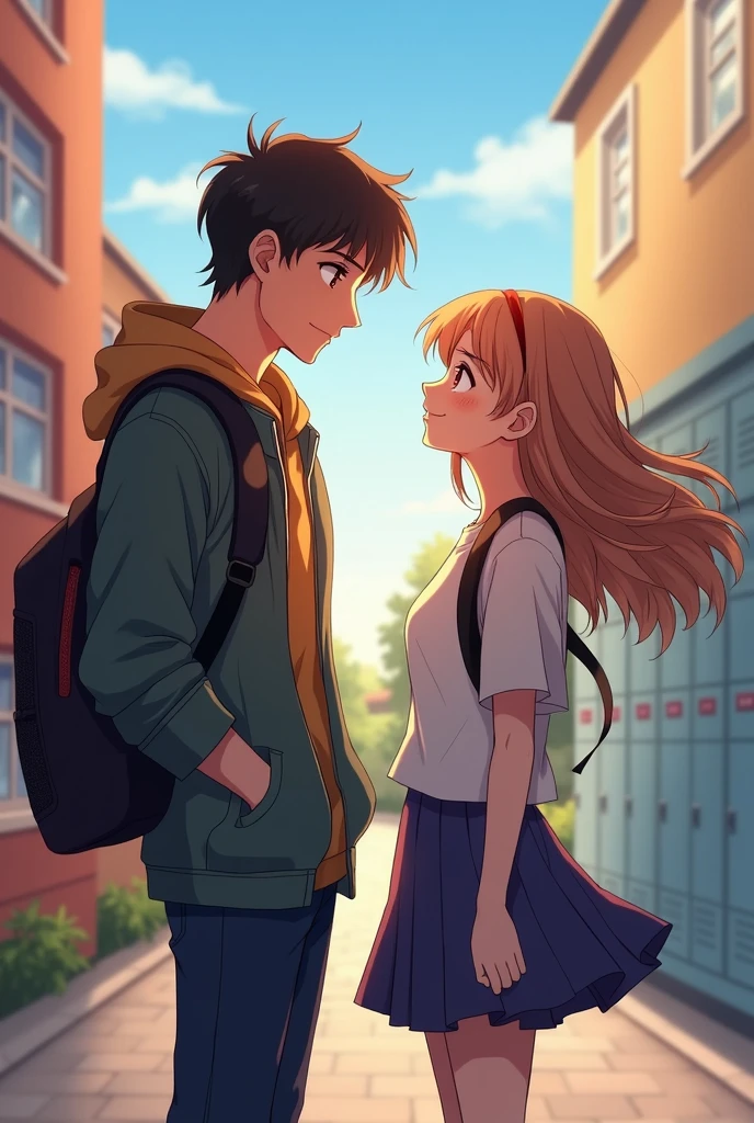 beautiful shy girl look her handsome boyfriend anime style high quality and add background high school couple adolescence
