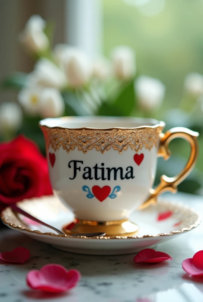 This image features an ornate coffee cup with gold detailing, embellished with red heart-shaped decorations. The name "Fatima" is written on the cup in bold black letters, with a blue heart underneath it. The cup is placed on a matching saucer, with a small, elegant spoon resting beside it. A red rose is positioned near the base of the cup, adding a romantic touch to the scene. In the background, there are soft, out-of-focus green leaves and white flowers, enhancing the delicate and luxurious aesthetic of the image.