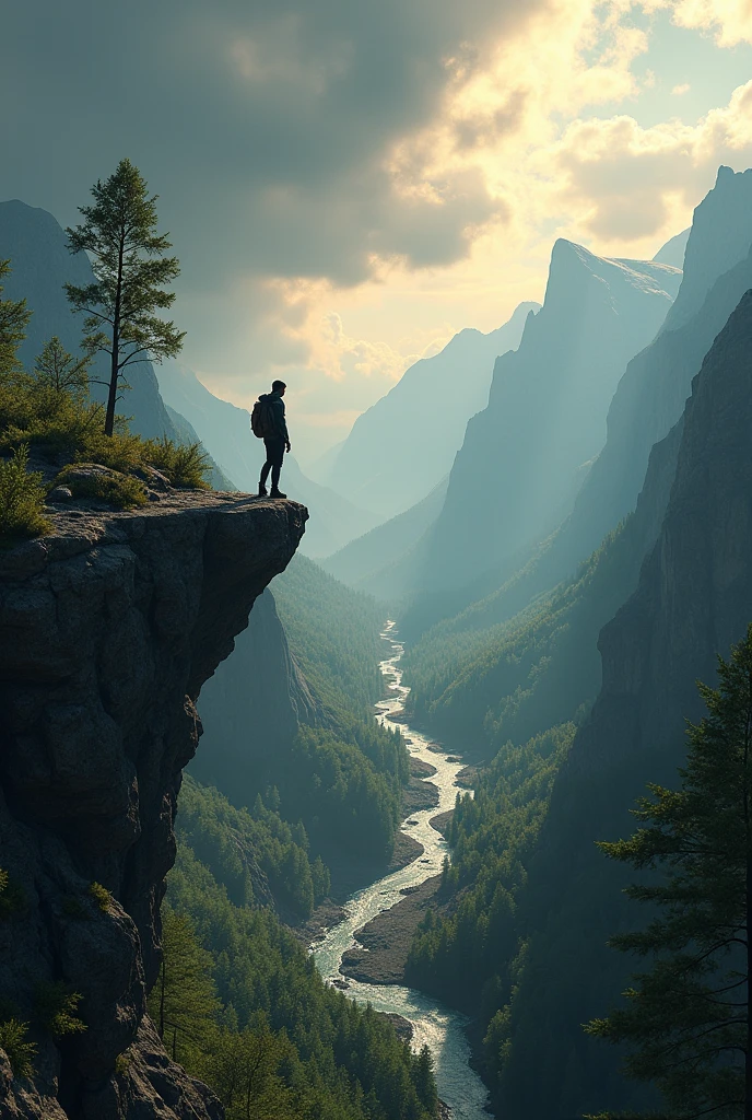 

### Prompt:
Create a photorealistic scene illustrating the theme of "Man vs Nature." The artwork should show a solitary figure, symbolizing humanity, standing on a rugged cliff overlooking a vast, untamed wilderness. The figure should be dressed in modern outdoor gear, emphasizing the contrast between man and the natural environment. The landscape should be dramatic, with towering mountains, dense forests, and a turbulent river winding through the valley. Dark storm clouds should gather in the sky, hinting at an impending storm, while rays of sunlight break through, casting dramatic shadows and illuminating the scene with a golden glow. The composition should convey a sense of scale and power, showing the smallness of man in the face of the overwhelming force of nature.

### Keywords for Photorealism:

1. Photorealistic  
2. High resolution  
3. Realistic textures  
4. Natural light  
5. Depth of field  
6. Atmospheric perspective  
7. Realistic clouds  
8. Storm clouds  
9. Sunlight rays  
10. Golden hour  
11. Rugged landscape  
12. Dense forest  
13. Turbulent river  
14. Realistic water reflection  
15. Wind-blown trees  
16. Shadow depth  
17. Realistic mountains  
18. Cliff details  
19. Realistic clothing  
20. Outdoor gear  
21. Wind effect  
22. Dynamic lighting  
23. Realistic shadows  
24. Color gradients  
25. Dramatic sky  
26. Realistic foliage  
27. Textured rocks  
28. Realistic skin tone  
29. Fine details  
30. Realistic grass  
31. Lifelike rendering  
32. Motion blur  
33. Light scattering  
34. Dark atmosphere  
35. Natural hues  
36. Realistic river  
37. Reflective water  
38. Atmospheric depth  
39. Cloud texture  
40. Realistic tree bark  
41. Stormy weather  
42. Light reflections  
43. Natural environment  
44. Realistic sky  
45. Dramatic contrast  
46. Subtle highlights  
47. Realistic facial features  
48. Realistic hair  
49. Facial expression  
50. Crisp edges  
51. Mist in the air  
52. Fog effect  
53. Realistic landscape  
54. Ho