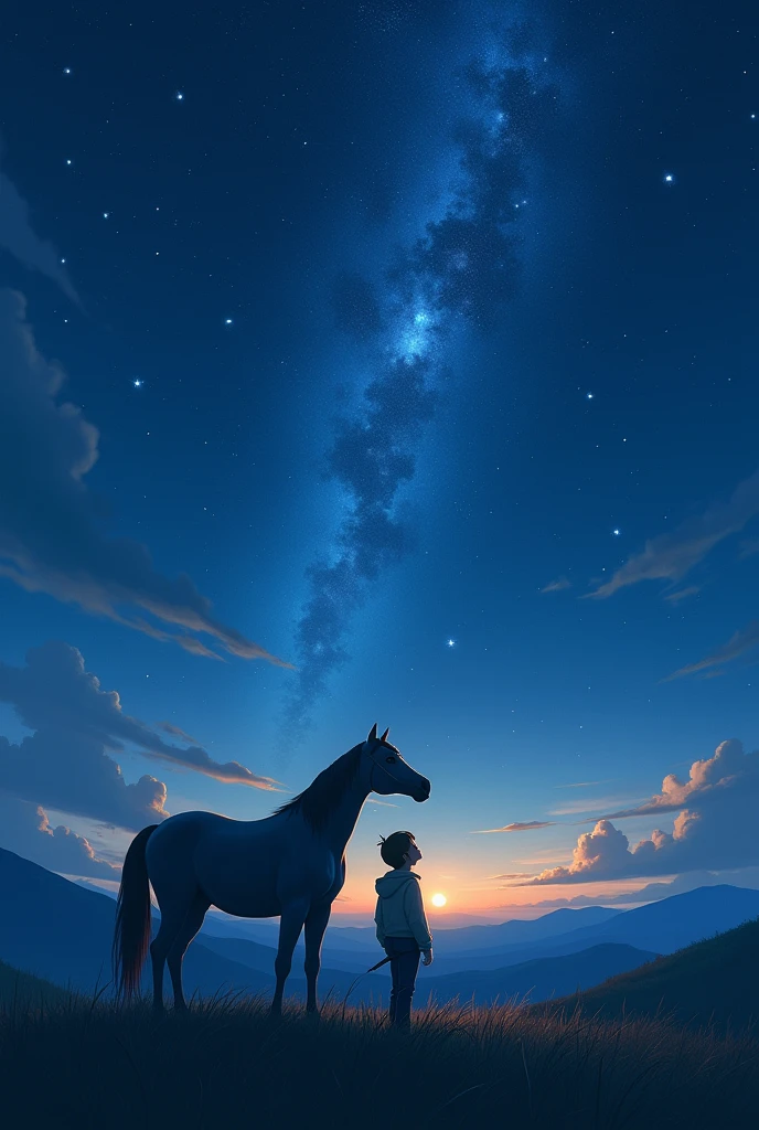 Stars above they shine so bright
Guiding them through endless night and also the horse stand beside the boy