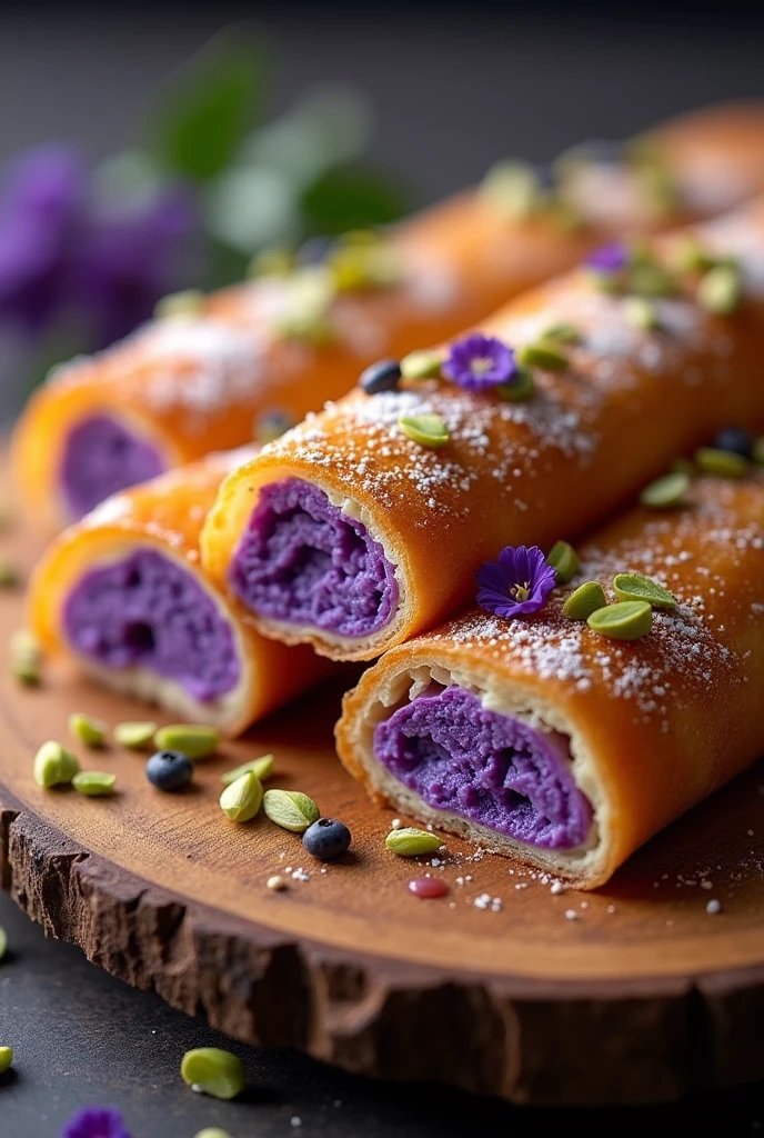 Create a knafeh food with ube flavor inside