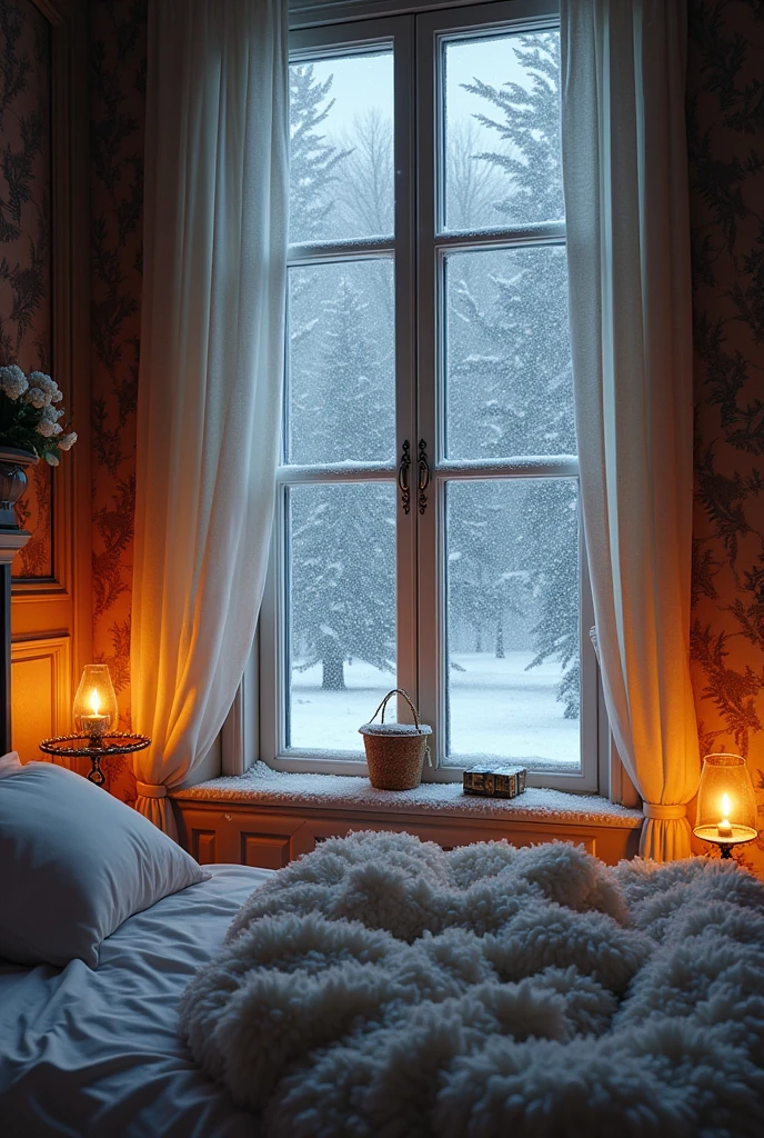 (photorealism:1.2), a tranquil room, cocooned in warmth and comfort as a snowstorm rages outside. The crackling fire in the hearth casts a golden glow that dances across the walls, its warmth a stark contrast to the cold, swirling snow beyond the tall, elegant windows. The inviting bed, with its plush linens and fluffy pillows, beckons you to sink in and relax. Through the windows, you catch glimpses of the snowstorm's grandeur—fluffy snowflakes drifting down in a mesmerizing, silent ballet. Inside, the room offers a haven of peace and coziness, while outside, the storm creates a stunning, wintry wonderland.
 realistic, intricate details, warm colors, by Greg Rutkowski, by Alphonse Mucha