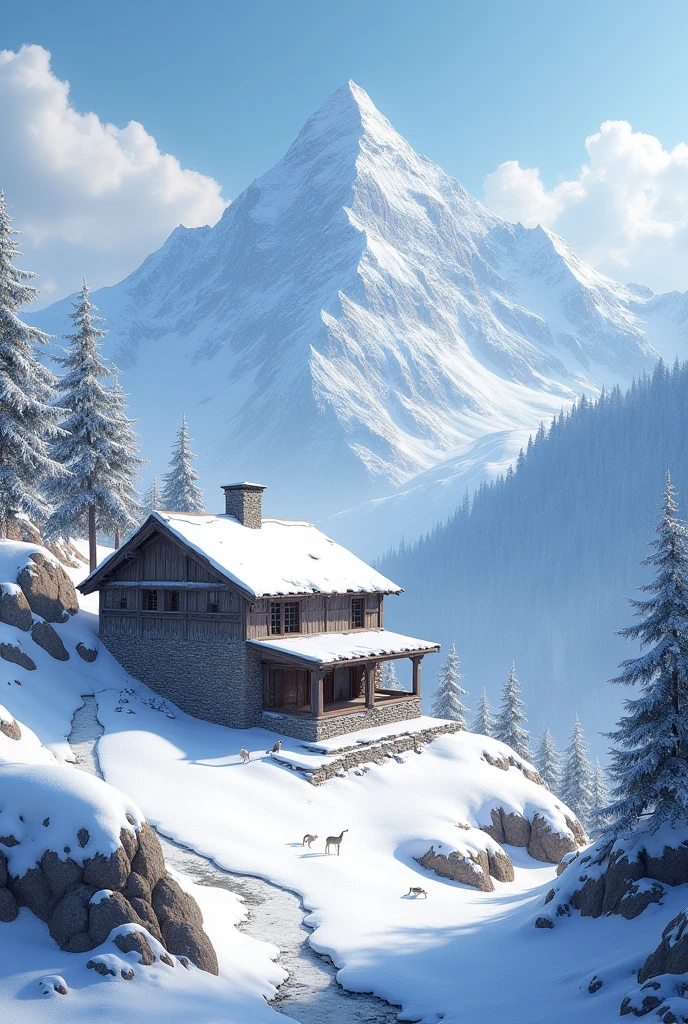 Background full snow in mountains like Kashmir with old house