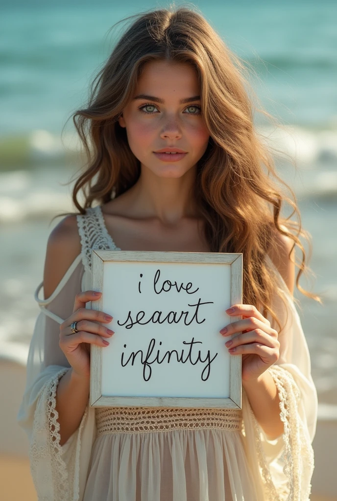 Beautiful girl with wavy long hair, bohemian dress, holding a white board with text "I Love Seaart Infinity" and showing it to the viewer