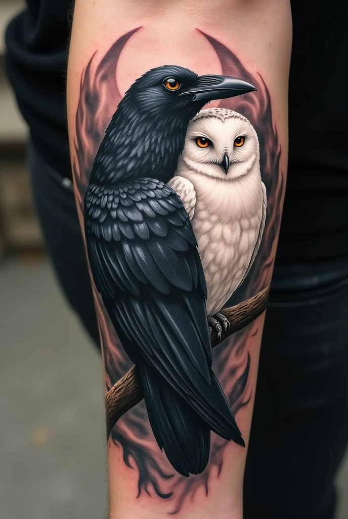 Create a tattoo image on your forearm featuring a crow and a white owl