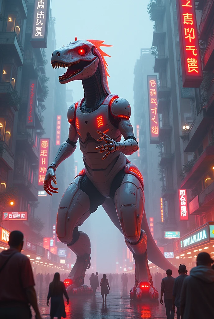 A dinasor is white and red color in robot in neon light in India city monster look
