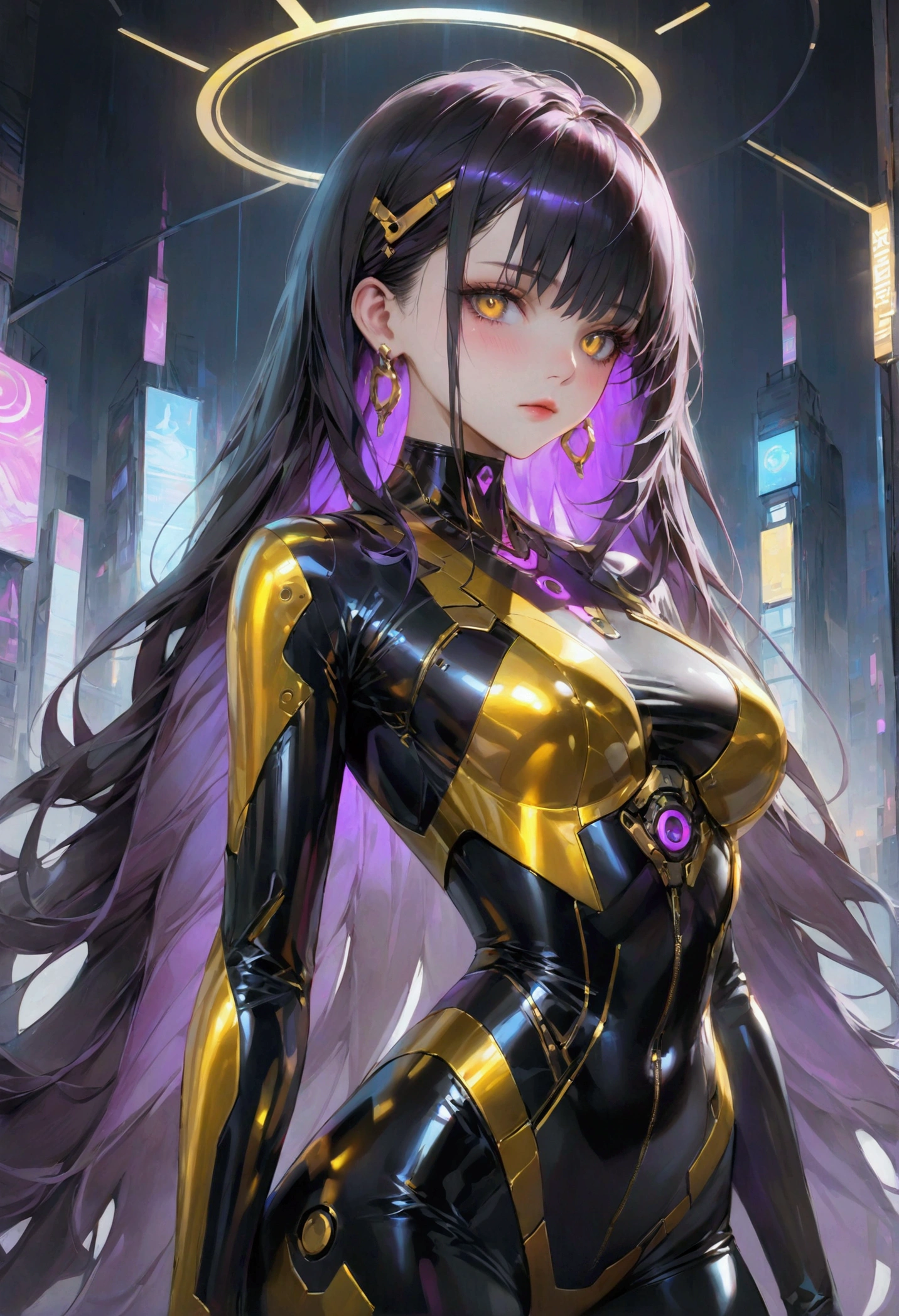 Long smooth straight black hair, inner colored dark-purple hair, golden eyes, standing in cyberpunk clothes,masterpiece, super detail, best quality, 8k,semi-realistic