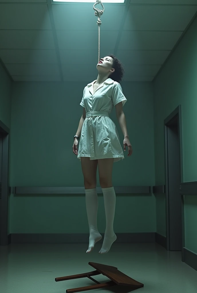 Nurse scene in white thigh high socks, hanged, thòng lọng, hovering in the air , The chair fell at the nurse&#39;s feet. 