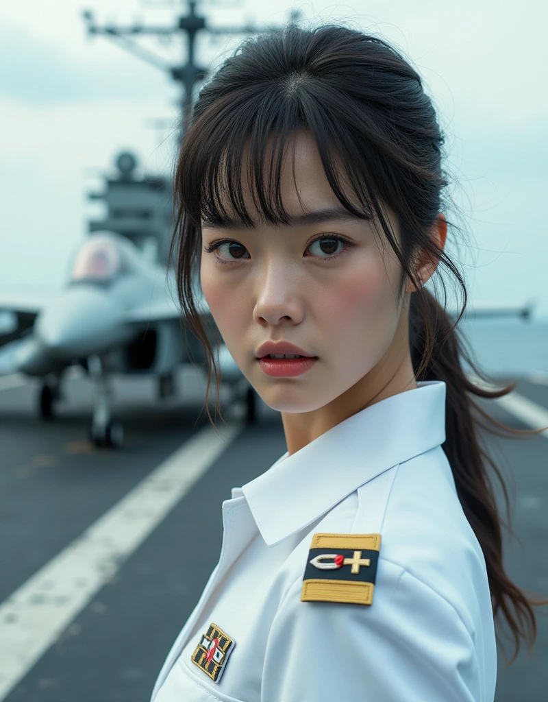 Photo-realistic, ultra-realistic, (very beautiful Japanese, her beautiful face is looks like a famous Japanese idol:1.3), (naval commander), wearing a white naval uniform, dynamic angle, at a flight deck of a large aircraft carrier, a fighter jet is just taking off, ready to battle, She gives strict orders to her subordinates, (tense expression:1.5)