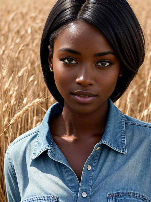 ebony beauty with straight black hair. Penetrating brown eyes should be the focal point. She is wearing a light blue denim shirt and light blue denim jeans, In the background, a wheat field is shown, a heavenly and luxurious place, 8k, perfect photo, dark skin, chocolate skin, beautiful green eyes. impeccable image of high quality and creativity, RAW colors, balanced lights