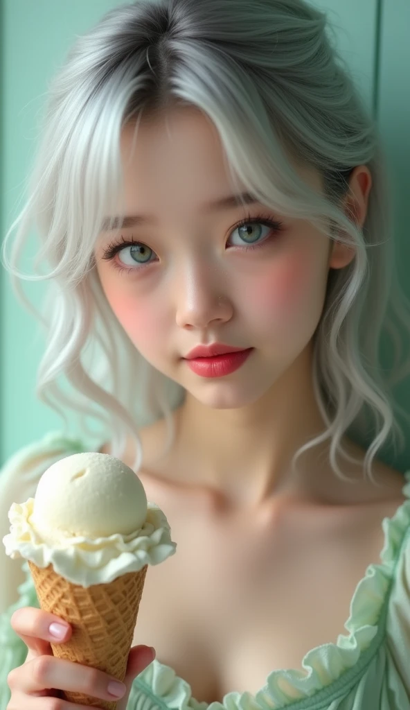 a close-up of a girl solo long hair and white person holding an ice cream cone, sweet girl, woman with wavy silver hair, bangs, light blue eyes, red lips, tender green dress,