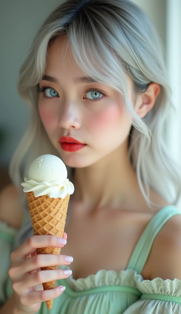 a close-up of a girl solo long hair and white person holding an ice cream cone, sweet girl, woman with wavy silver hair, bangs, light blue eyes, red lips, tender green dress,