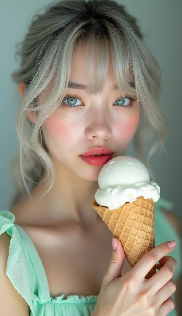 a close-up of a girl solo long hair and white person holding an ice cream cone, sweet girl, woman with wavy silver hair, bangs, light blue eyes, red lips, tender green dress,